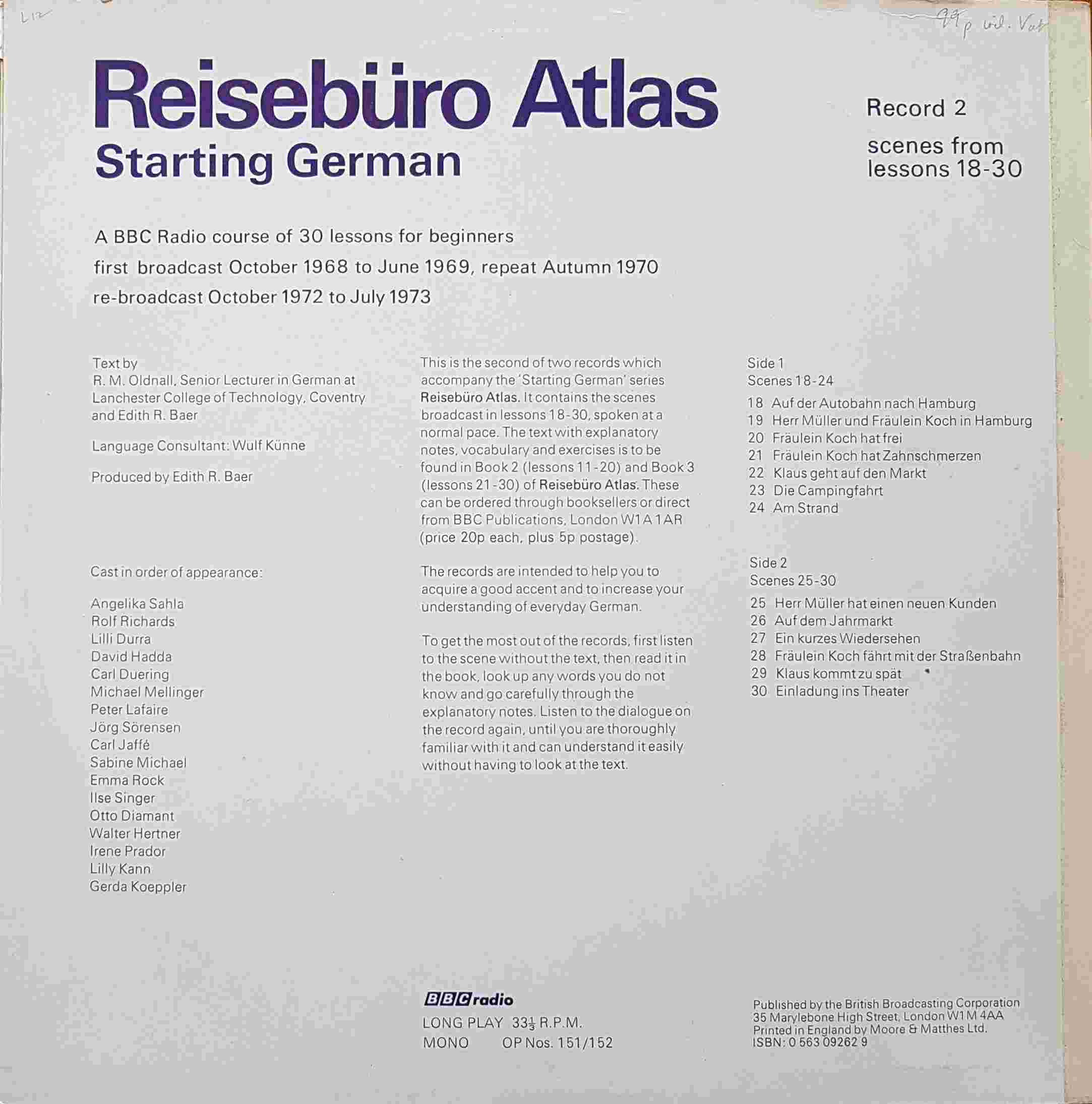 Picture of OP 151/152 Reiseburo Atlas - Starting German - A BBC Radio course of 30 lessons for beginners - Record 2 - Lessons 18 - 30 by artist R. M. Oldnall / Wulf Kunne from the BBC records and Tapes library